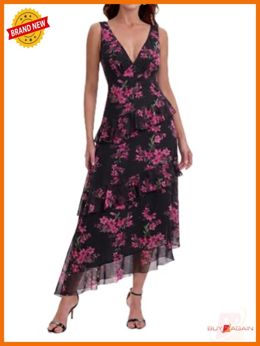 Boho Floral Mesh Maxi Dress V-Neck Sleeveless Tiered Flowy Elastic Summer Beach